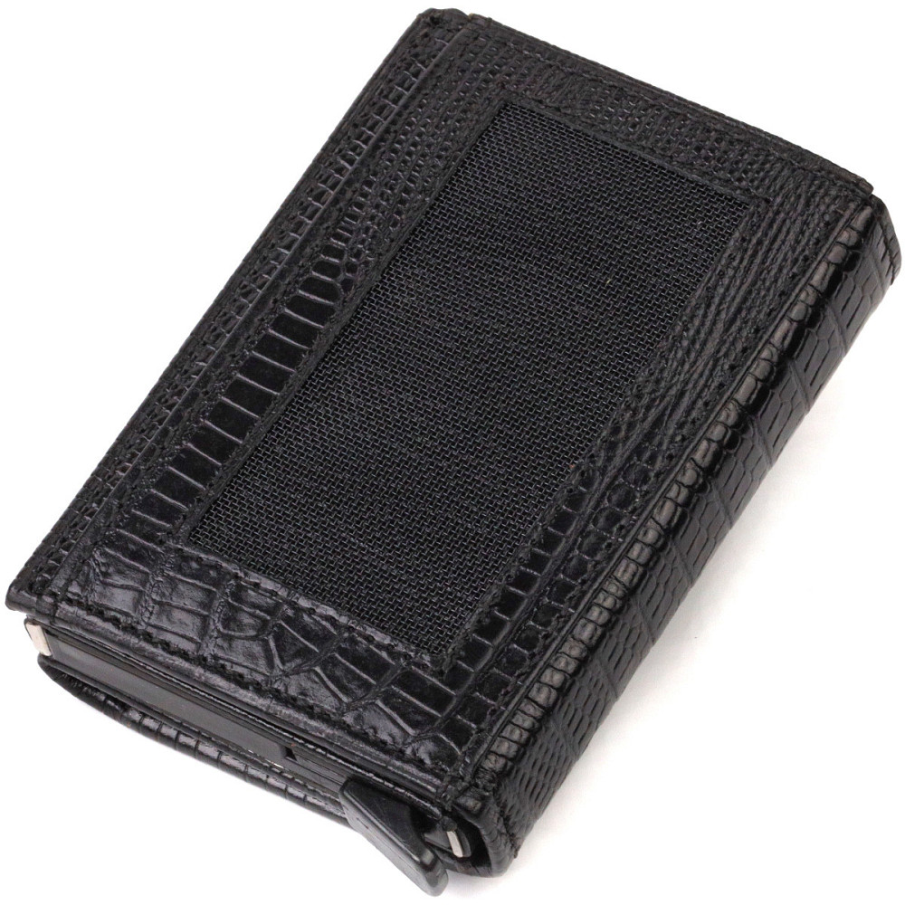 Фактурний картхолдер унісекс у три складання з автоматичним механізмом з натуральної шкіри з тисненням CANPELLINI 21931 Чорний Київ - фото 2