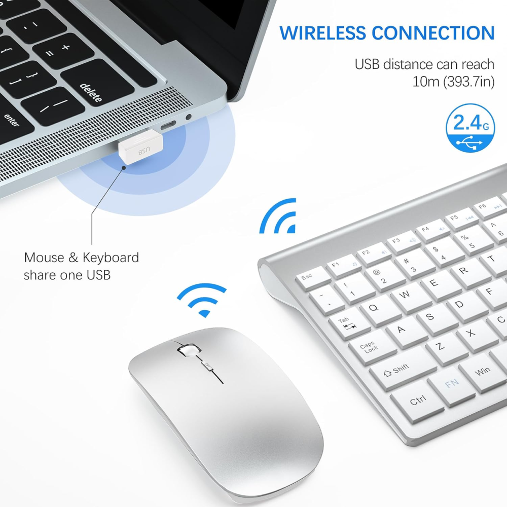УЦЕНКА Беспроводной комплект клавиатуры и мыши TopMate, 2.4G, 2400 DPI, ножничная клавиатура, чехол, серебристо-белый Киев - изображение 4