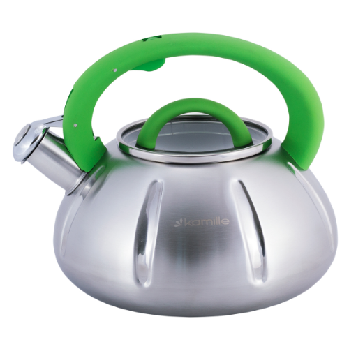 Чайник 3л із нержавіючої сталі зі свистком і скляною кришкою (ручки: зелена, синя, дерево) KAMILLE 0 Житомир