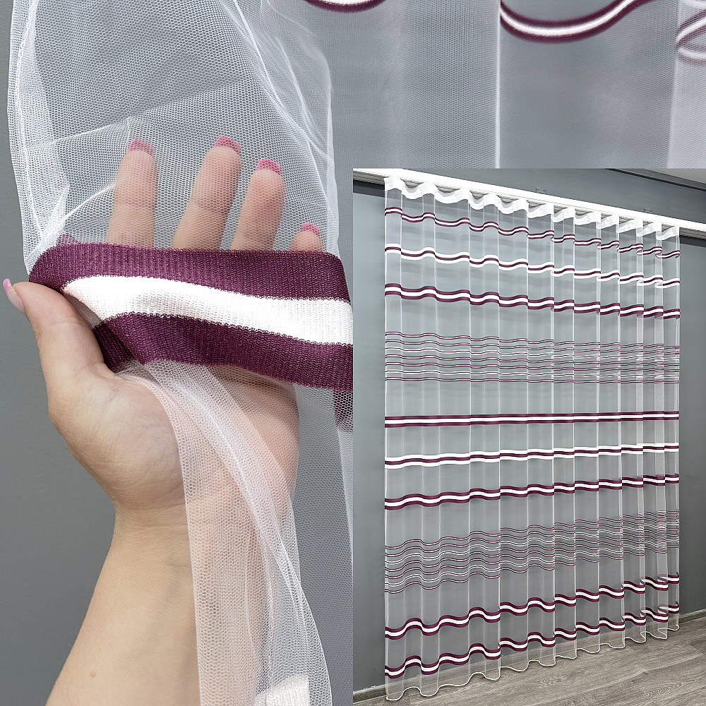 Тюль VR-Textil 1775т Фатин полосы Сливовый с белым 300х270 см (42-0767) Киев - изображение 1