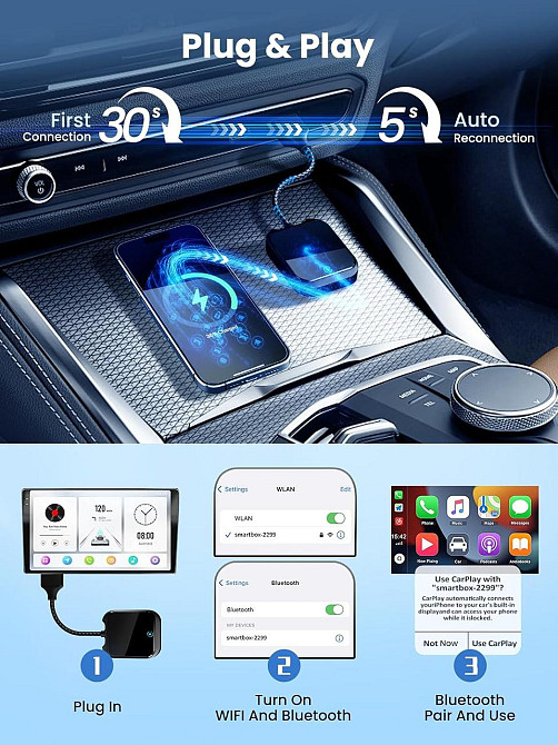 Бездротовий адаптер CarPlay Android Auto Oasplus для iPhone iOS10+ і Android 10+, USB-A Type-C, 5.8ГГц, Карплей Київ - фото 6
