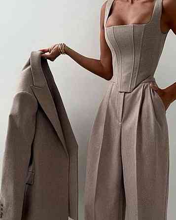 Женский теплый брючный костюм тройка: пиджак топ и штаны кашемир елка Беж, 42 Одесса