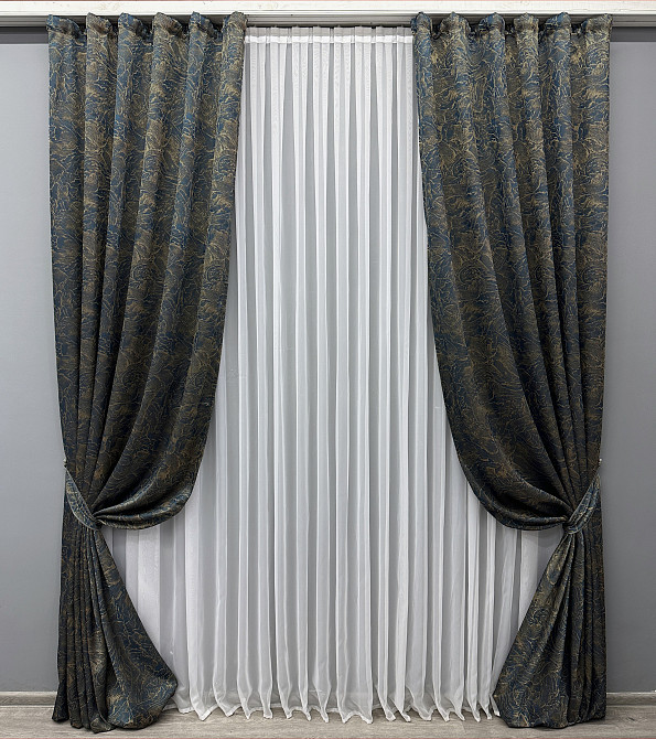 Комплект готових штор VR-Textil Жакард Fantasy № 1634ш Синій з золотистим 100х290 см 2 шт (31-999) Київ - фото 2