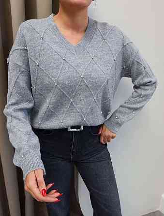 Жіночий светр оверсайз крою з камінчиками машинне в'язання Сірий Одеса