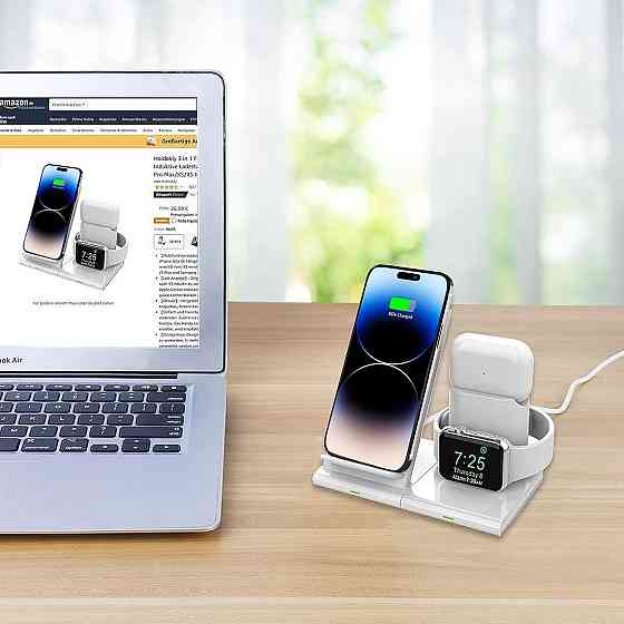 Беспроводная зарядка 3-в-1 для iPhone, Apple Watch и AirPods, быстрая Qi зарядная станция белая, док-станция Киев