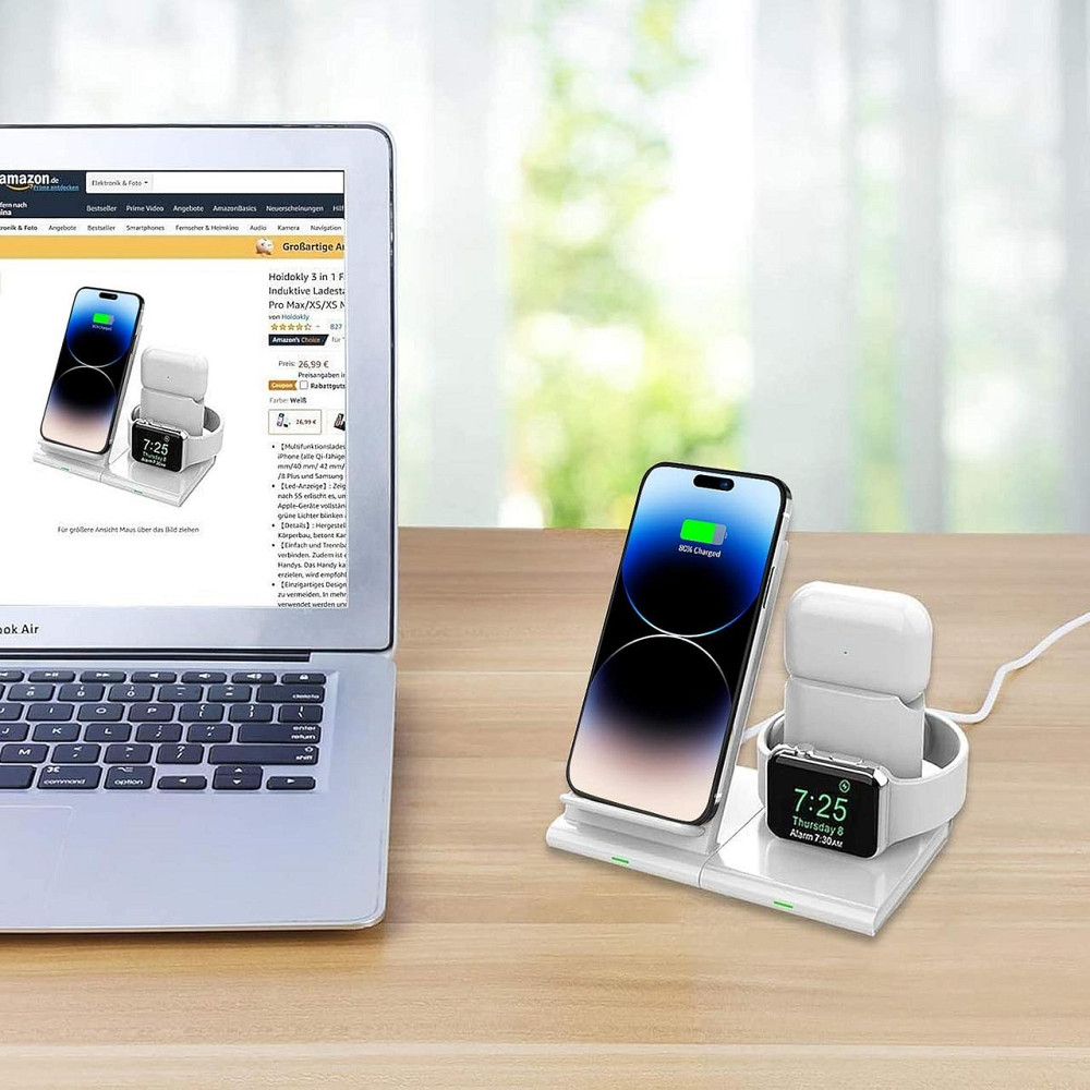 Беспроводная зарядка 3-в-1 для iPhone, Apple Watch и AirPods, быстрая Qi зарядная станция белая, док-станция Киев - изображение 5