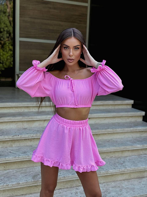Женский легкий романтичный костюм двойка: топ и шорты американский креп жатка Розовый Одесса - изображение 6