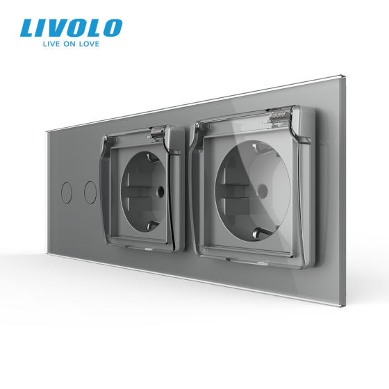 LIVOLO Сенсорний вимикач на 2 сенсори + подвійна розетка вологозахисна з кришкою IP44, з заземл Коломия