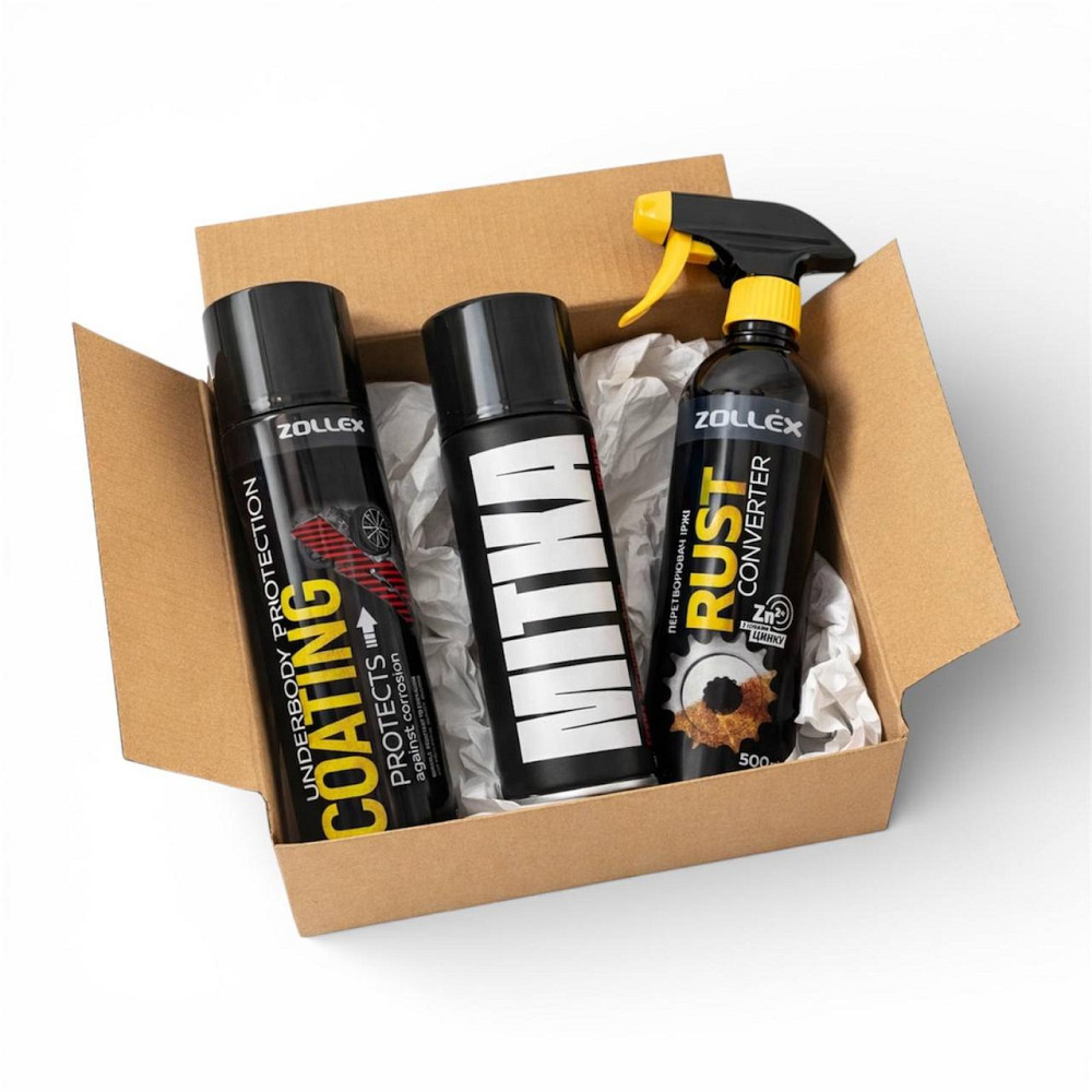 Набор против коррозии 3в1 для авто: Zollex Rust Converter + битум Zollex + грунтовка MITKA черная матовая Киев - изображение 1