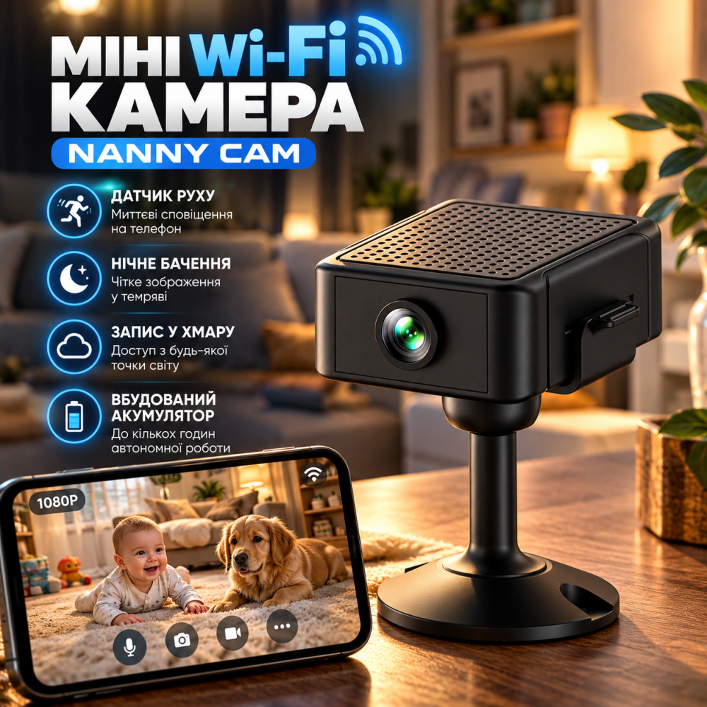 Мини Wi-Fi камера Nanny CAM с датчиком движения, ночным видением, записью в облако, уведомлениями и аккумулятором Киев - изображение 1