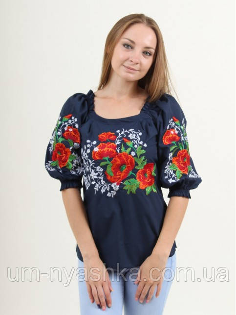Блузка з вишивкою вишиванка "Сучасна" для жінок і дівчаток-підлітків Темно-синя р.S Кривий Ріг - фото 1