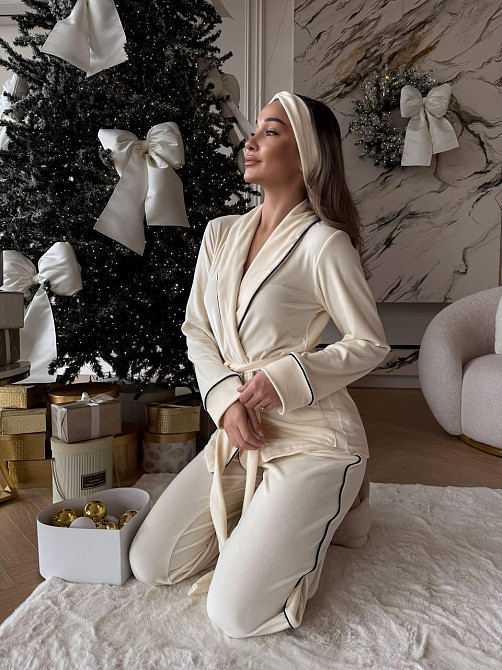 Жіноча затишна піжама: халат-кімоно, штани + пов'язка на голову велюр Молочний, 42/44 Одеса - фото 8