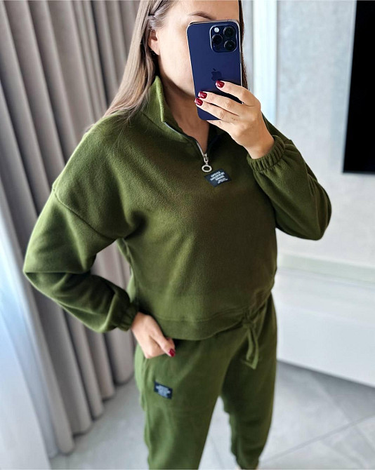 Жіночий теплий прогулянковий костюм: світшот і штани фліс Хакі, 52/54 Одеса - фото 3