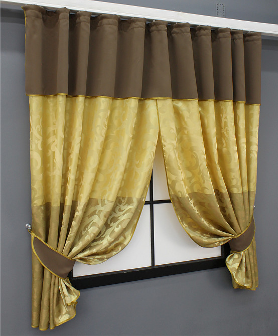 Кухонные шторы VR-Textil № 073к с ламбрекеном и подхватами золотистый с коричневым 270х150 см (59-953) Киев - изображение 2