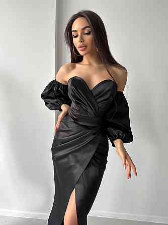 Женское роскошное вечернее платье со шлейфом и съемными рукавами из королевского атласа Черный, M Одесса