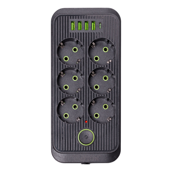 Сетевой фильтр 3 м удлинитель F06U на 6 розеток 4 USB 1 Type-C и кнопкой отключения Черный HP-5-24 Киев