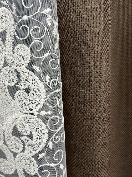 Комплект штор VR-Textil Лен Мешковина 200х270 2шт и Тюль 500х270 277ш-1843т Коричневый с молочным 71-187/6 Киев - изображение 5