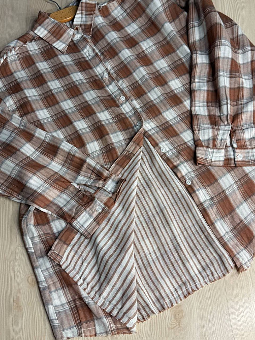 Рубашка женская A-N 27069 оверсайз двухслойная в клетку с бахромой, коричневый, one size Киев - изображение 9