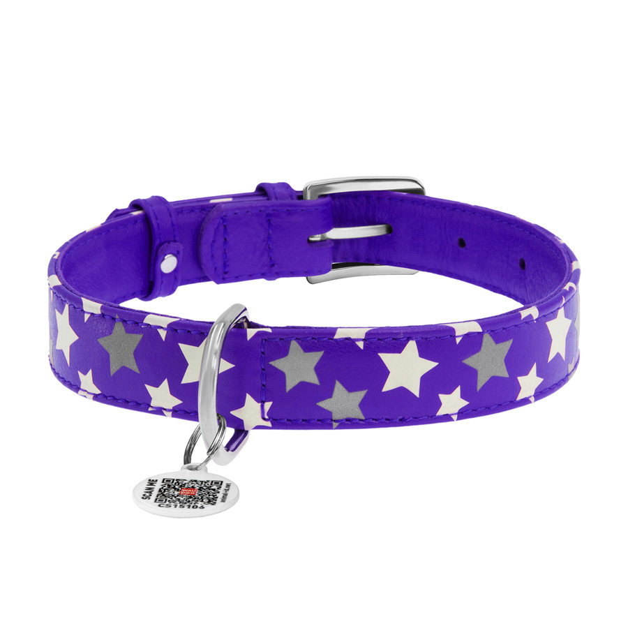 Нашийник для собак шкіряний WAUDOG Glamour з QR паспортом, візерунок "Зірочка", світлонакопичув Коломия - фото 2