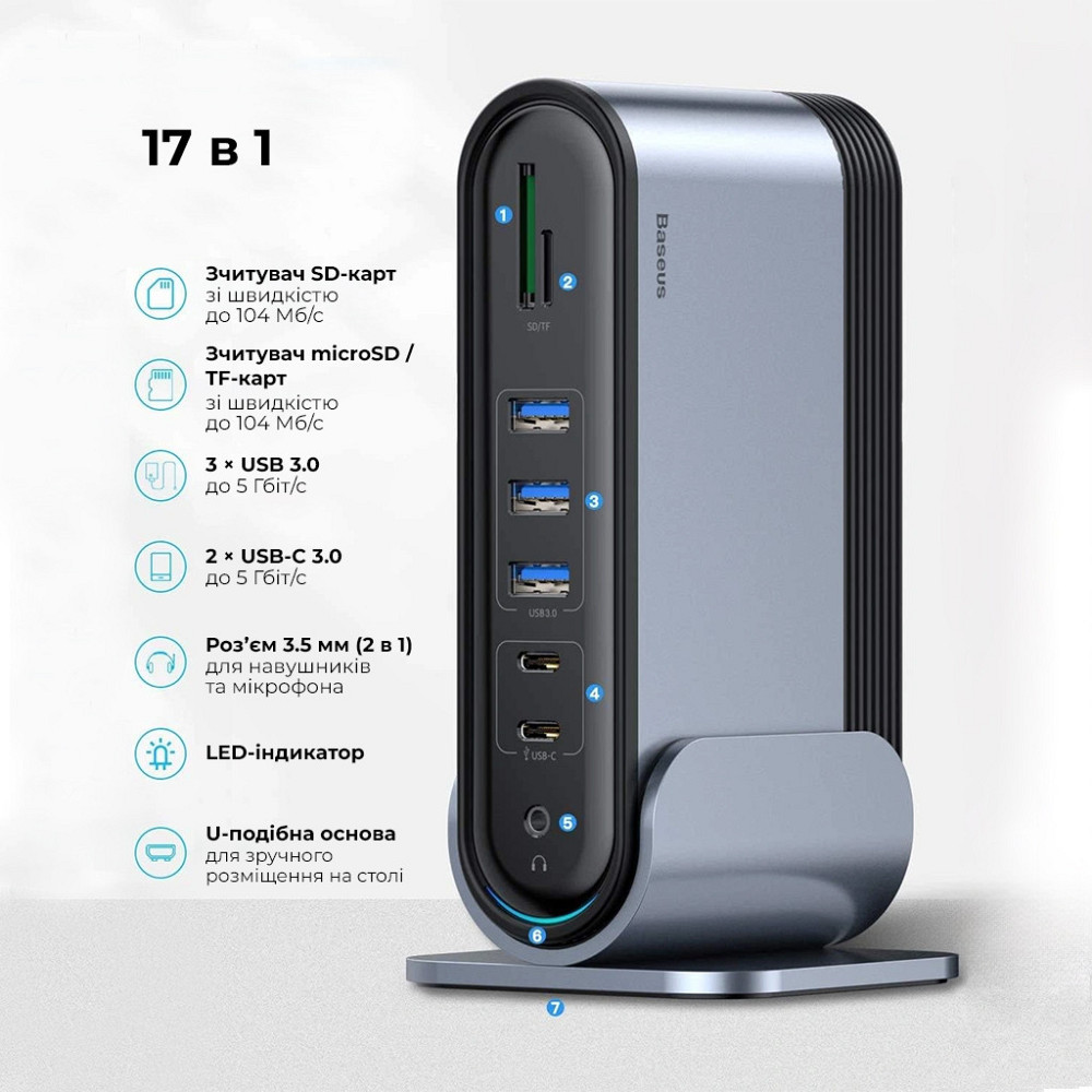 USB-хаб Baseus UnionJoy 17-Port Triple-Display Docking Station Space Grey（USB-C to Одесса - изображение 9