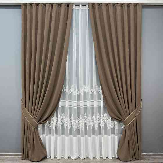 Комплект штор VR-Textil Мікровелюр Petek 200х270 2шт і Тюль 500х270 2014ш-1706т Коричневий з молочним 71-193/6 Київ