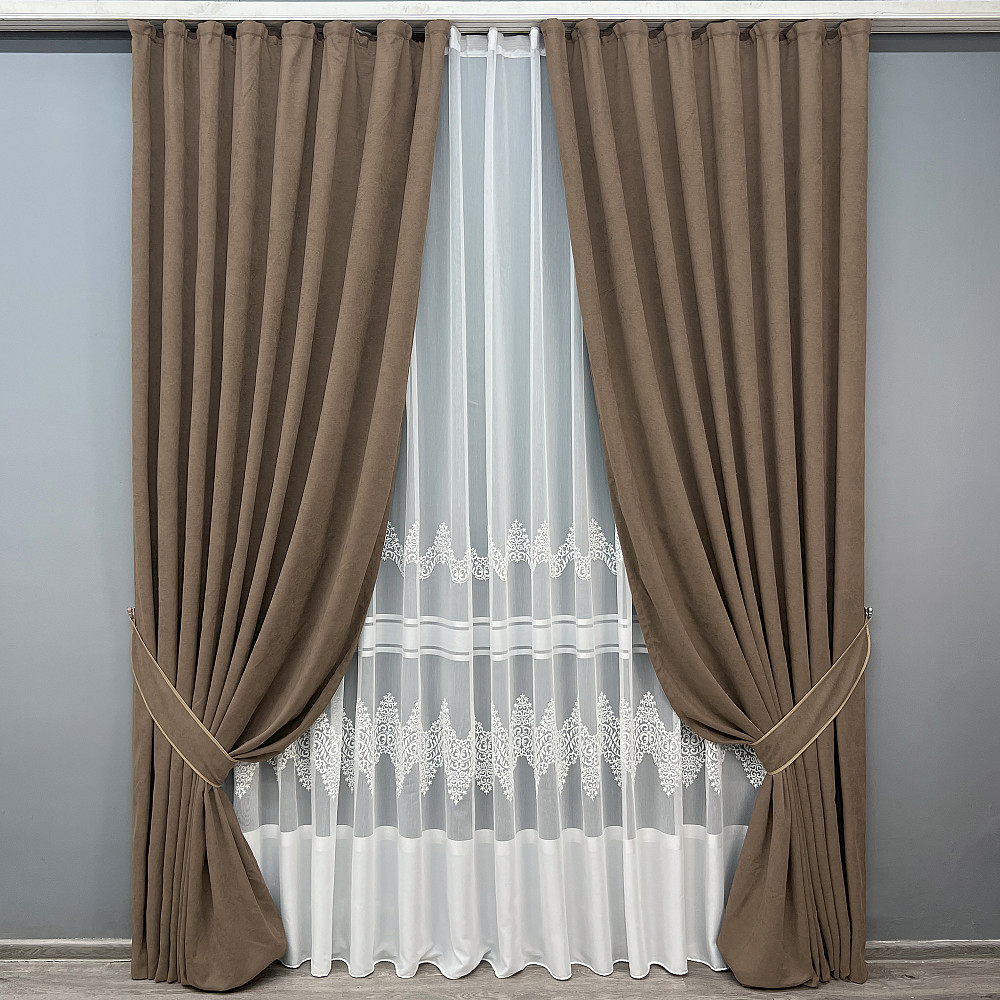 Комплект штор VR-Textil Мікровелюр Petek 200х270 2шт і Тюль 500х270 2014ш-1706т Коричневий з молочним 71-193/6 Київ - фото 1