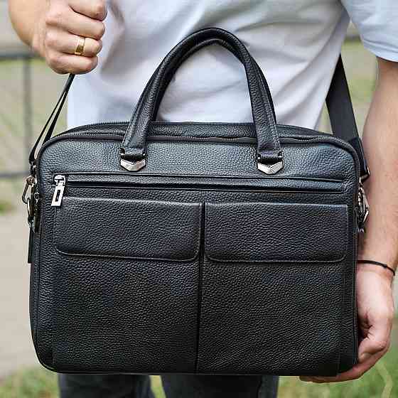 Сумка мужская офисная через плечо 39х29х10, практичный кожаный портфель для бизнеса, черный Киев