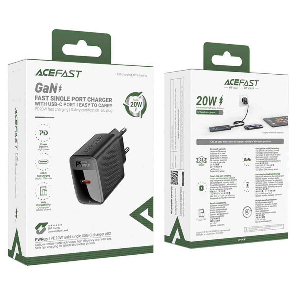 Мережевий зарядний пристрій ACEFAST A82 PD20W GaN single USB-C charger Black 6974316283232 Одеса - фото 6