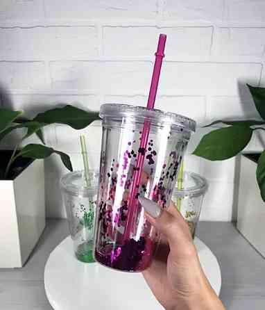 Стакан із трубочкою з блискітками рожевий Вінниця