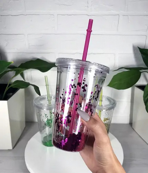 Стакан із трубочкою з блискітками рожевий Вінниця - фото 1