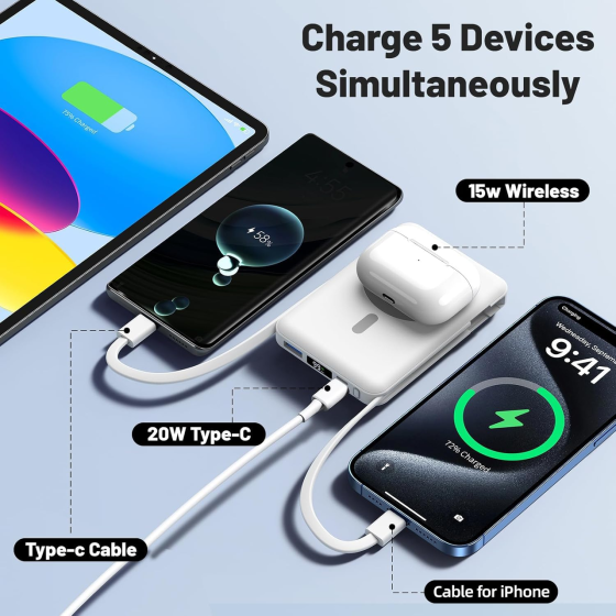 Магнітний повербанк Azmuth Power Bank 10000 mAh Бездротова швидка зарядка MagSafe для iPhone зі складним тримачем, Білий Київ