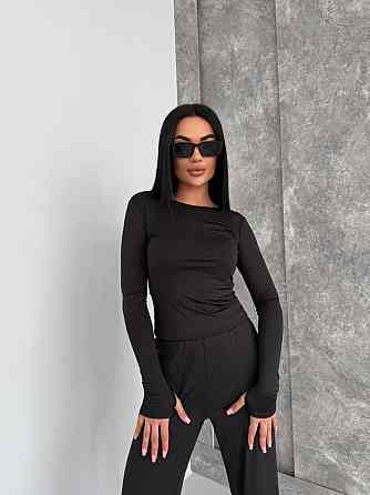 Женский базовый костюм тройка: лонгслив, футболка и штаны микродайвинг Черный Одесса