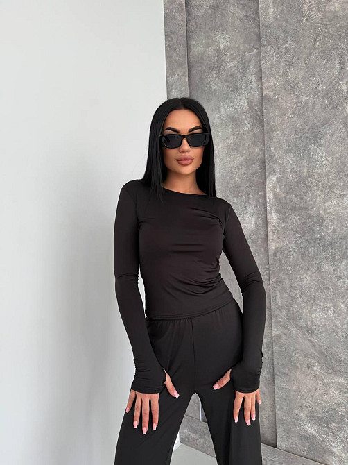 Женский базовый костюм тройка: лонгслив, футболка и штаны микродайвинг Черный Одесса - изображение 5