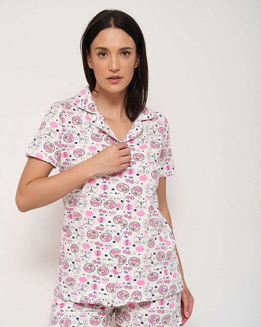 Женская пижама комплект рубашка с шортиками - коты и вишенки Nicoletta 60184 XL Киев - изображение 4