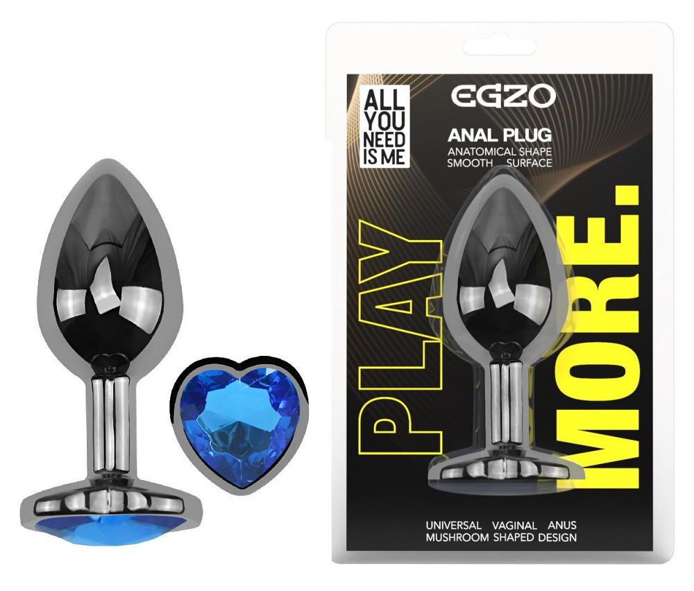 Анальна пробка з кристалом EGZO - Dark Silver Heart Plug Blue size S Sex Aura Київ - фото 1