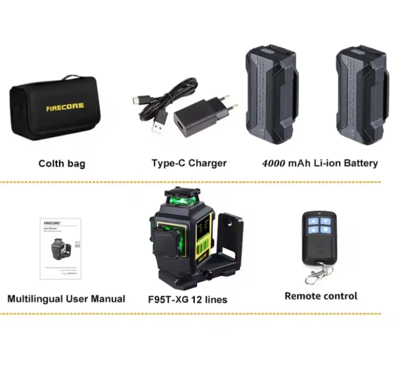 Лазерный уровень нивелир Firecore F95T-XG 3D 360 (12 линий) 4000мА с 2-мя аккумуляторами Винница