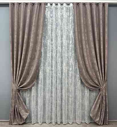 Комплект штор VR-Textil Жаккард Мрамор 200х270 2шт и Тюль 600х270 1669ш-1400т Какао с белым 71-008/7 Киев