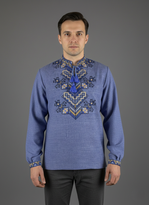 Чоловіча вишиванка у джинсовому кольорі на довгий рукав Київ - фото 1