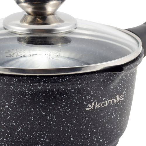 Ковш литий алюміній 1,35л d16*8см скляна кришка антипригарне покриття чорний мармур 4436 KAMILLE Житомир - изображение 8