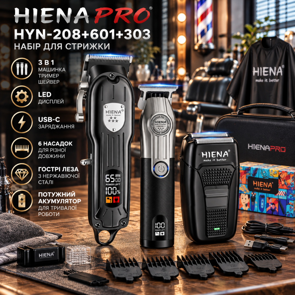 Набір для стрижки HIENA PRO HYN-208+601+303, машинка, тример T-Blade, шейвер, LED-дисплей, USB-C, чорний Київ - фото 1