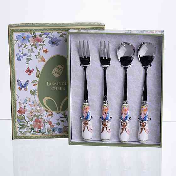 Набір столових приборів Garden Rabbits десертна виделка і ложка срібляста по 2 штуки HP-7323-7 Коломия