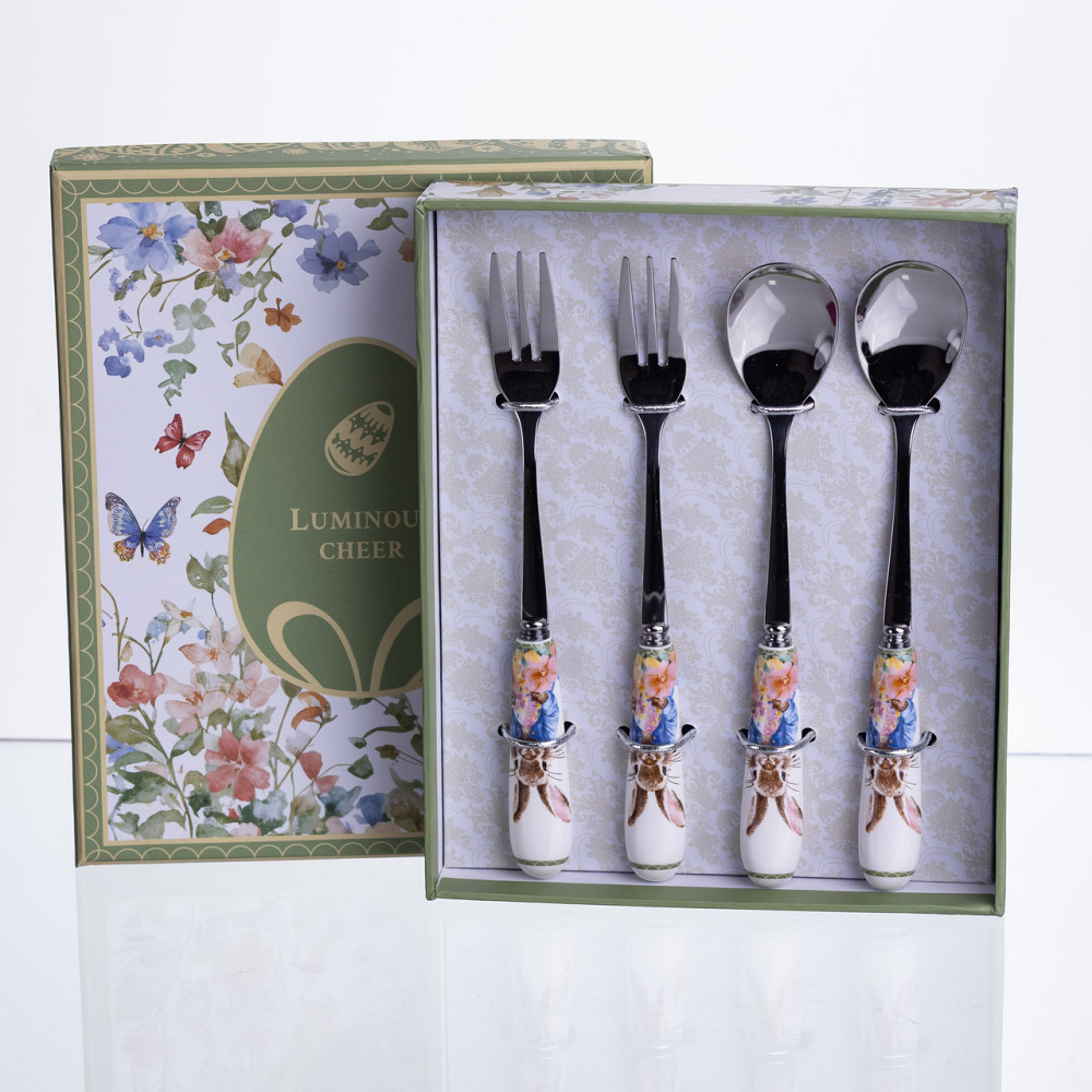 Набір столових приборів Garden Rabbits десертна виделка і ложка срібляста по 2 штуки HP-7323-7 Коломыя - изображение 1