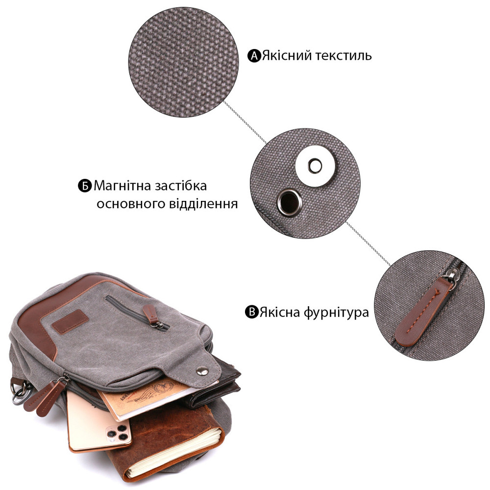 Удобная мужская сумка через плечо Vintage 20388 Серый Киев - изображение 8