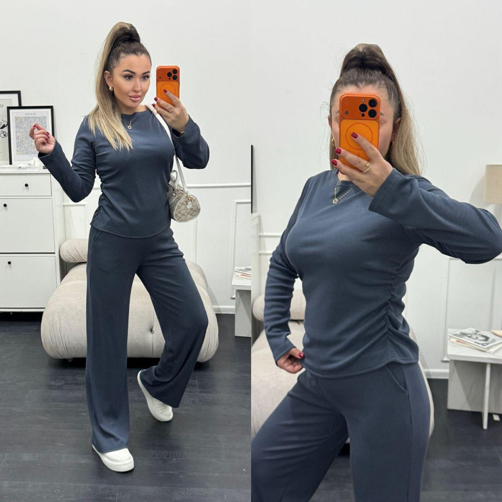 Женский базовый костюм двойка: лонгслив и штаны трикотажный рубчик Графитовый, 46/48 Одесса - изображение 4