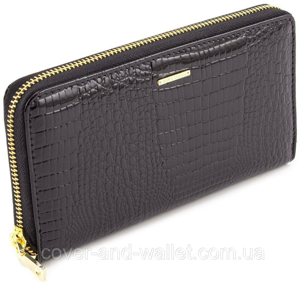 Черный женский кожаный лаковый кошелек на молнии для денег и карт Marco Coverna Киев - изображение 5
