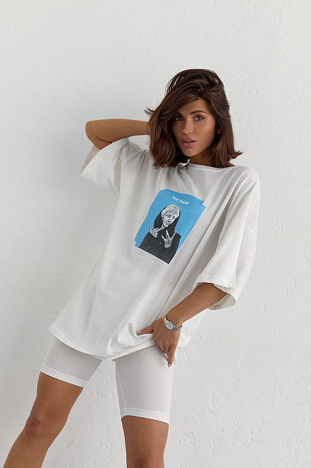 Костюм с футболкой oversize и велосипедками, молочный, S, летний хлопковый трикотаж. Лубны - изображение 8