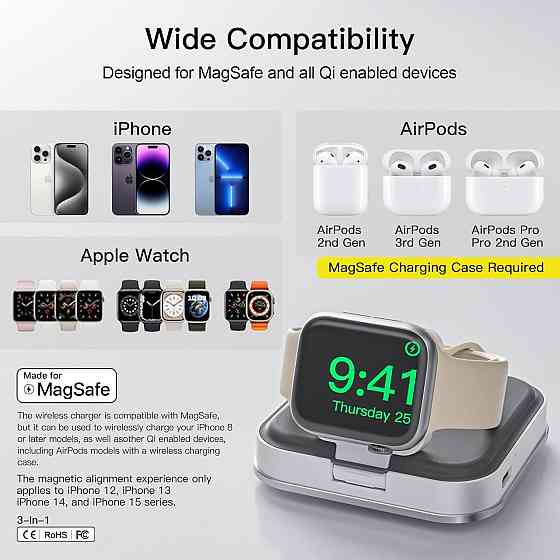 Беспроводное зарядное устройство KEEPRO 3 в 1 MagSafe 15 Вт для iPhone, Apple Watch и AirPods, складная магнитная зарядная станция Киев