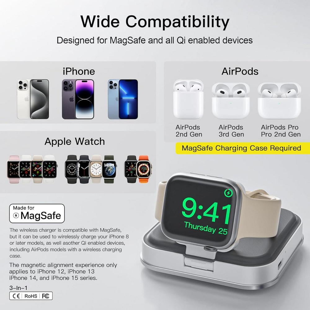 Беспроводное зарядное устройство KEEPRO 3 в 1 MagSafe 15 Вт для iPhone, Apple Watch и AirPods, складная магнитная зарядная станция Киев - изображение 6