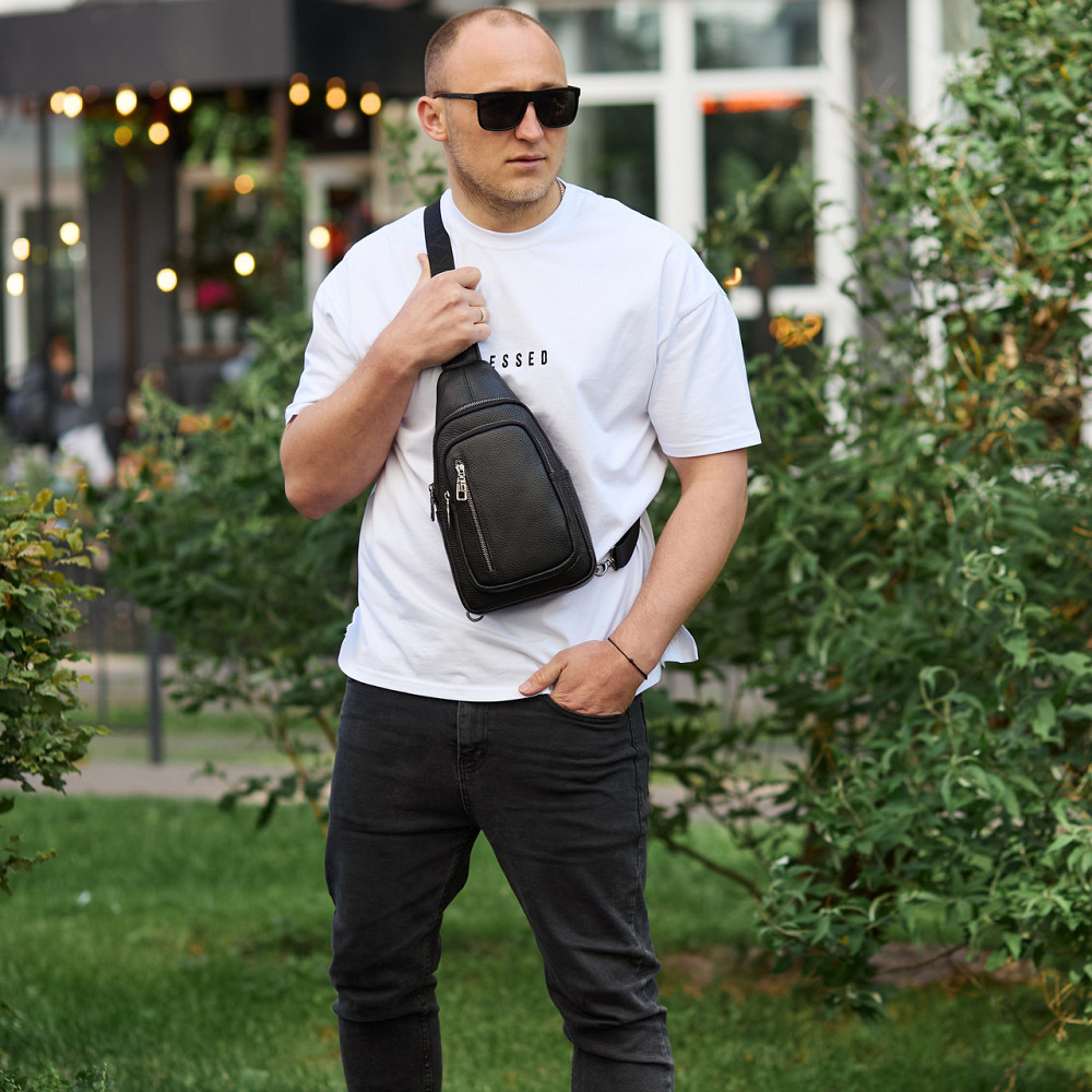 Чорна чоловіча сумка слінг з натуральної шкіри TIDING BAG Київ - фото 1