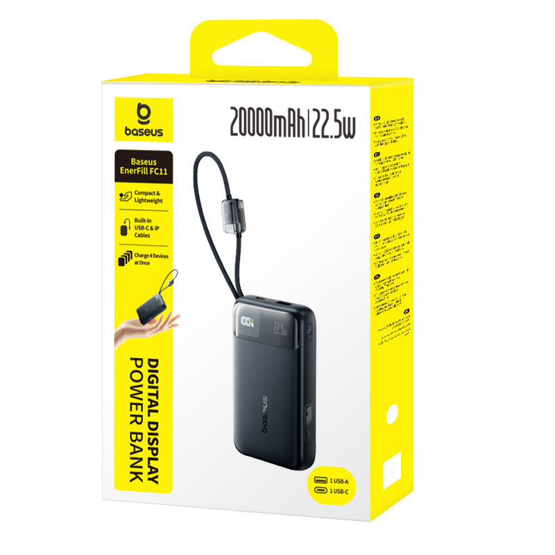 Павербанк 20000 mAh Baseus EnerFill FC11 22.5W швидка зарядка цифровий дисплей вбудований кабель power bank повербанк Одеса - фото 2
